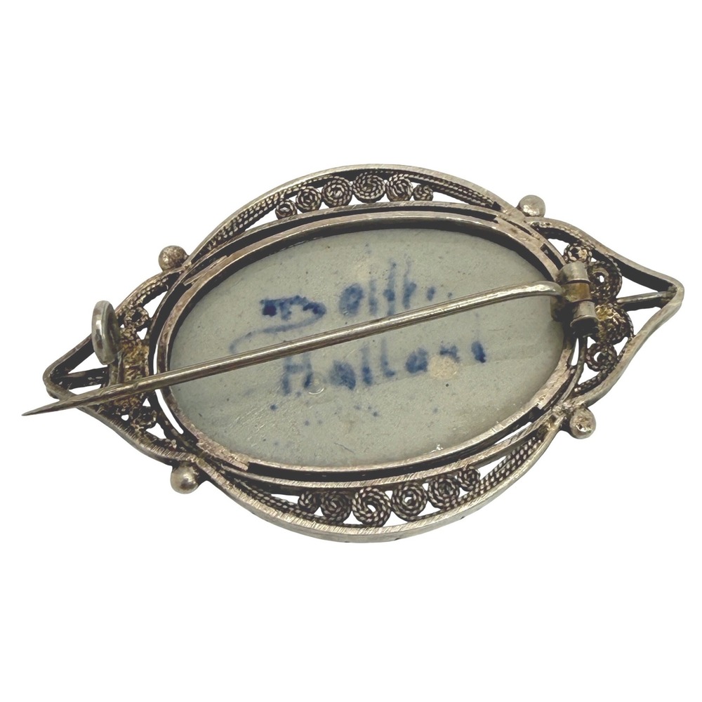 Antique Delft Porcelain Brooch Windmill Filigree Silver Pin Pre-1920 - Picture 2 of 8